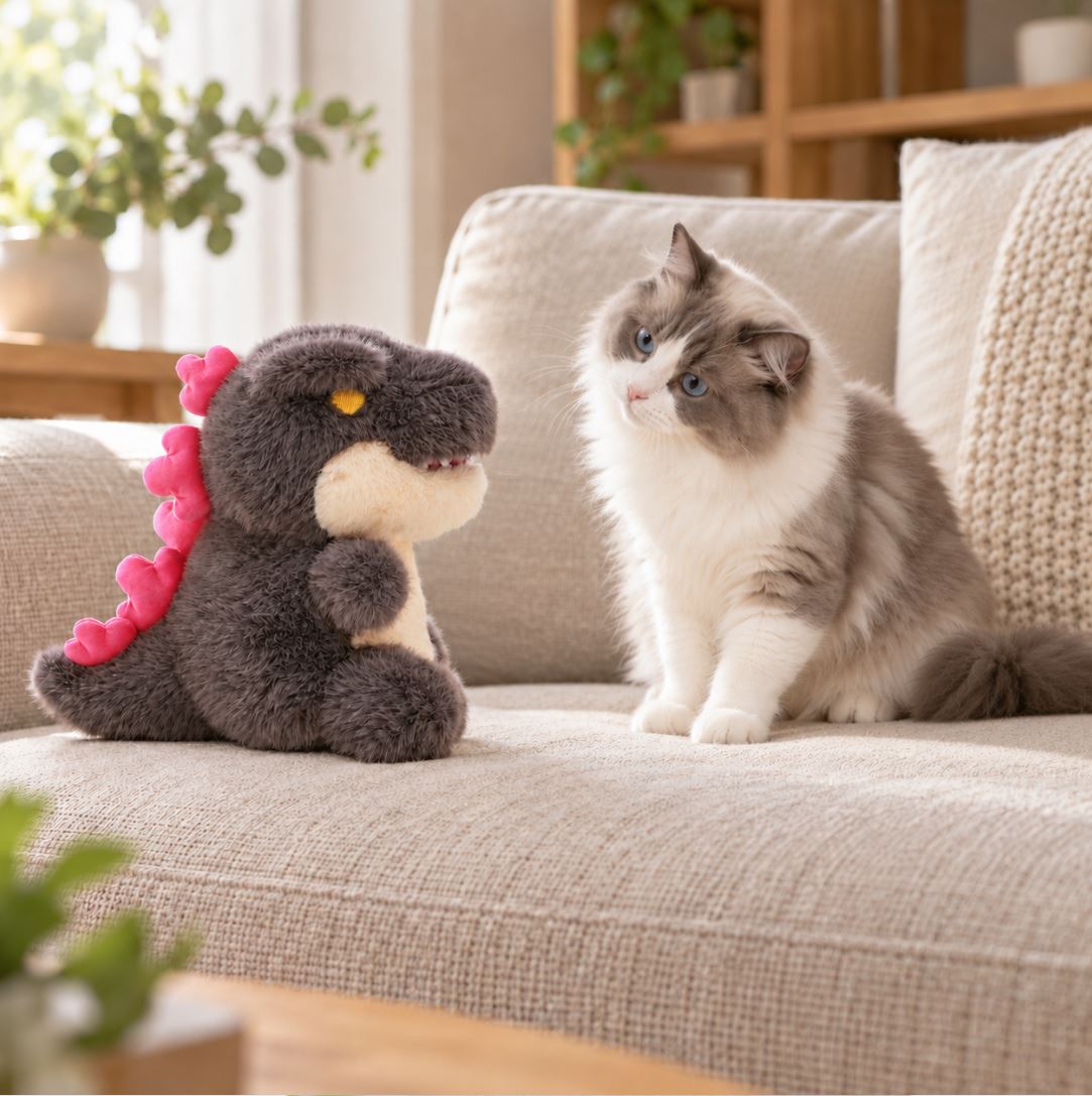 kaiju baby plush toy with pink back spikes facing a curious cat on a cream couch.